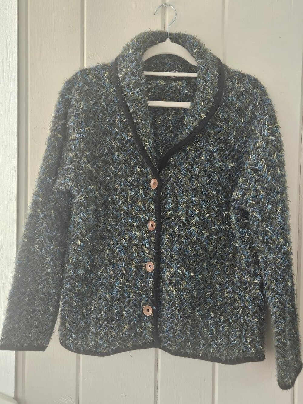 Sarah Spencer Petite Vintage Wool Blend Fuzzy Knit Shawl Cardigan Green Blue PXL